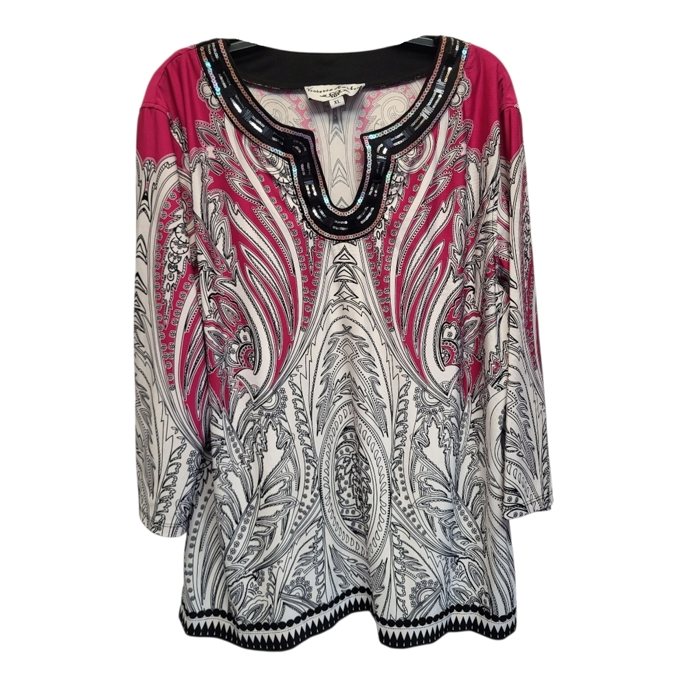Victoria Harbour Pink and Black Relaxed Boho Graphic Tunic Top - Size XL